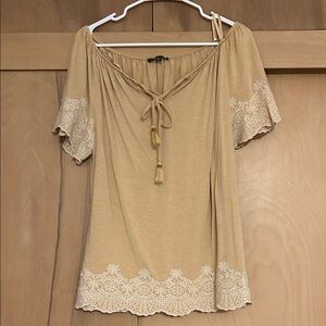 Adrianna Papell Tan Lace Accent Top